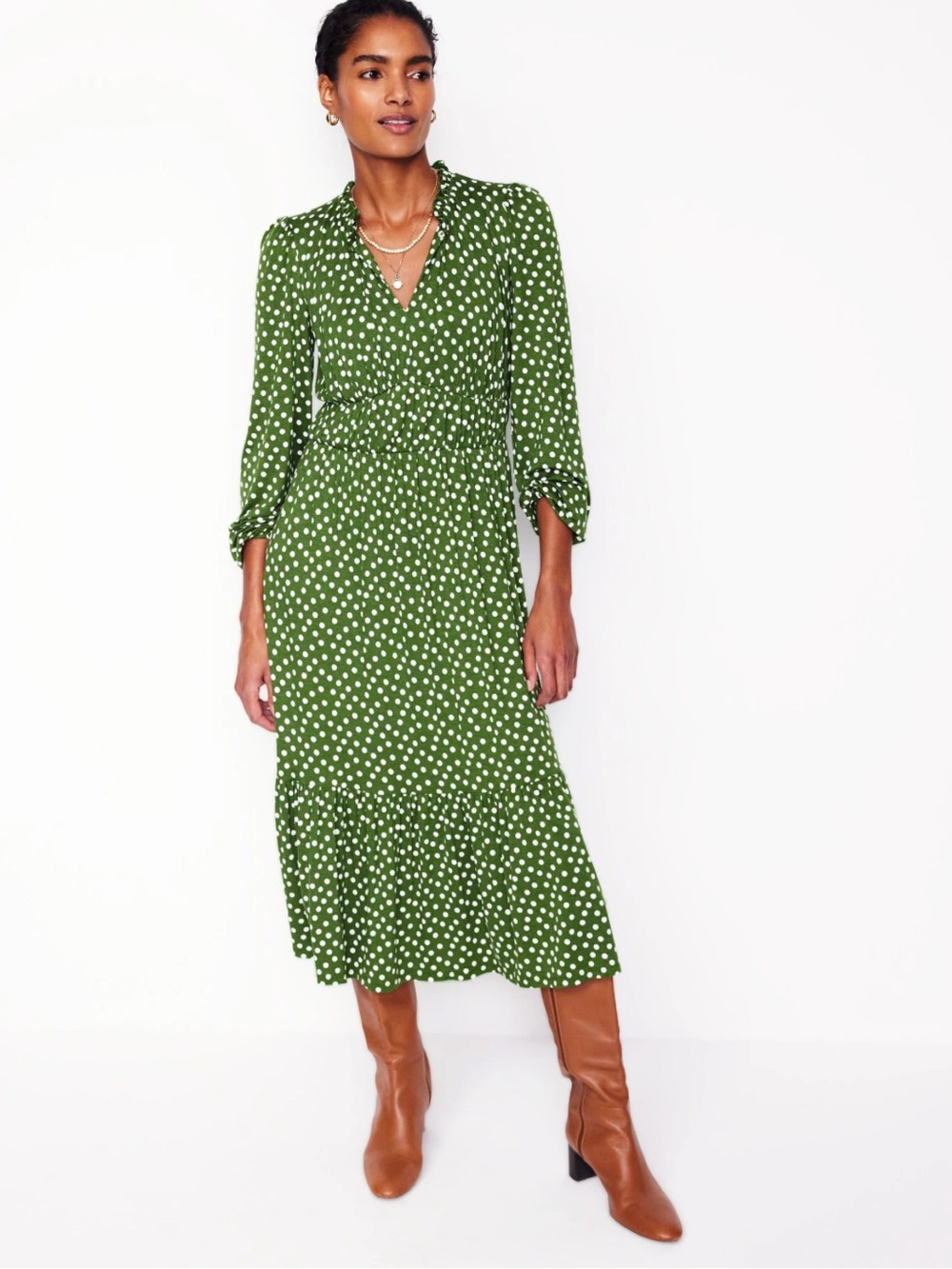 NWOT Boden Rosamund Jersey Midi Tea Dress 10 Green Polka Dot Cottagecore Tiered